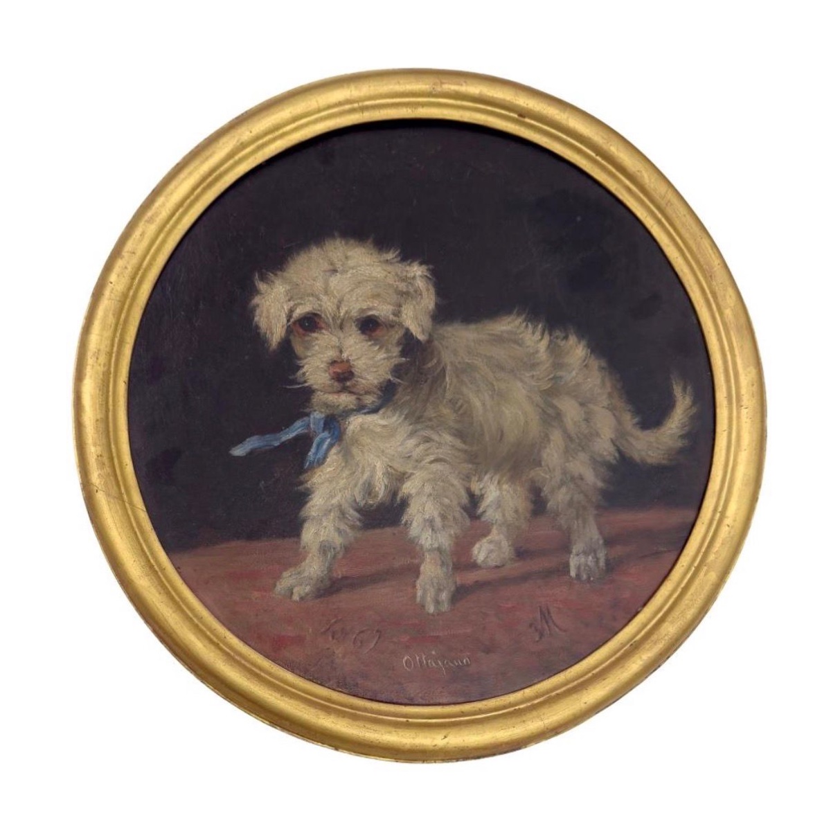 Chiot avec un ruban bleu, par un peintre inconnu du XIXe siècle
