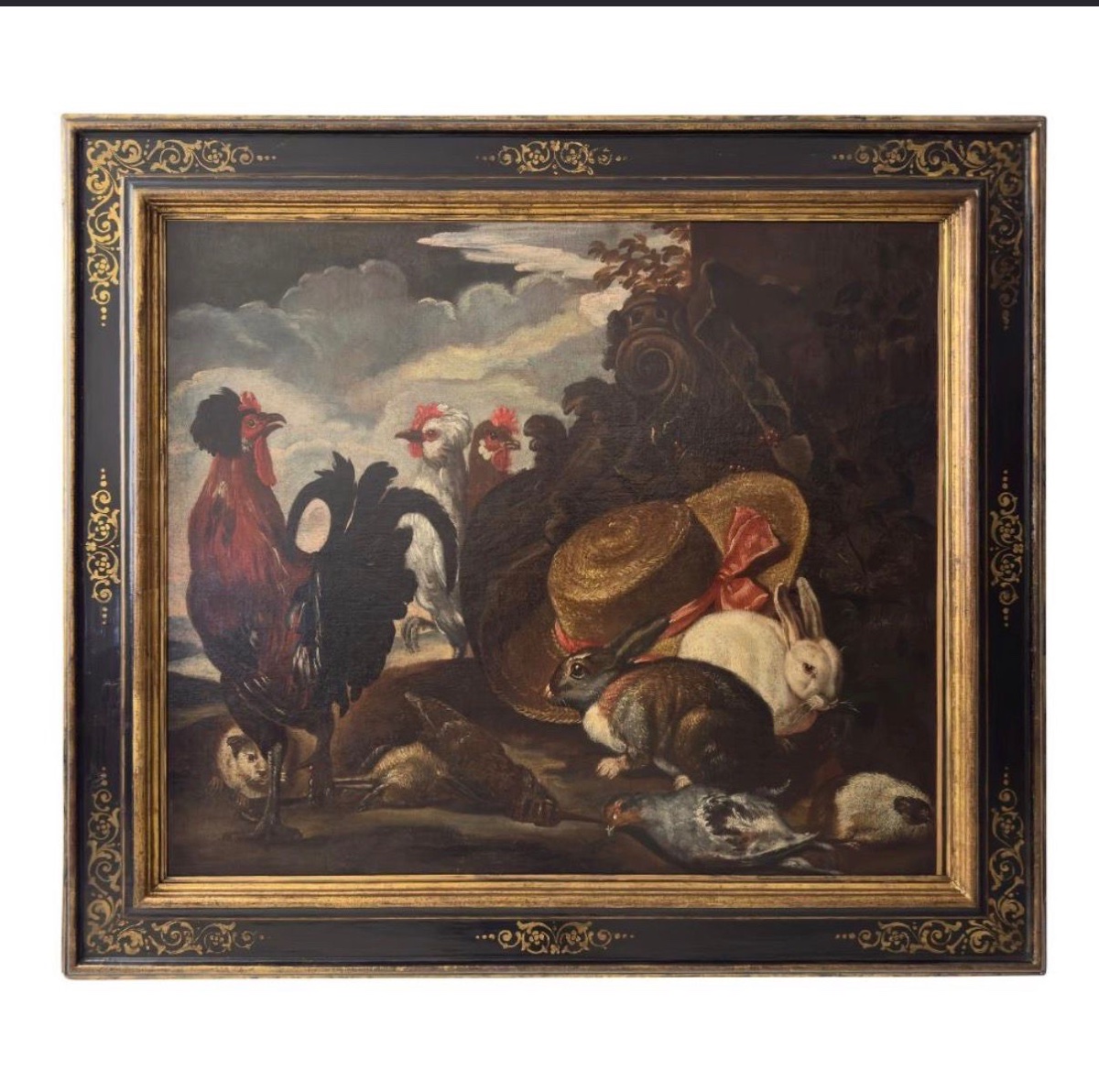 Paysage avec coqs, lapins et chapeau de paille, attribué à Angelo Maria Crivelli.