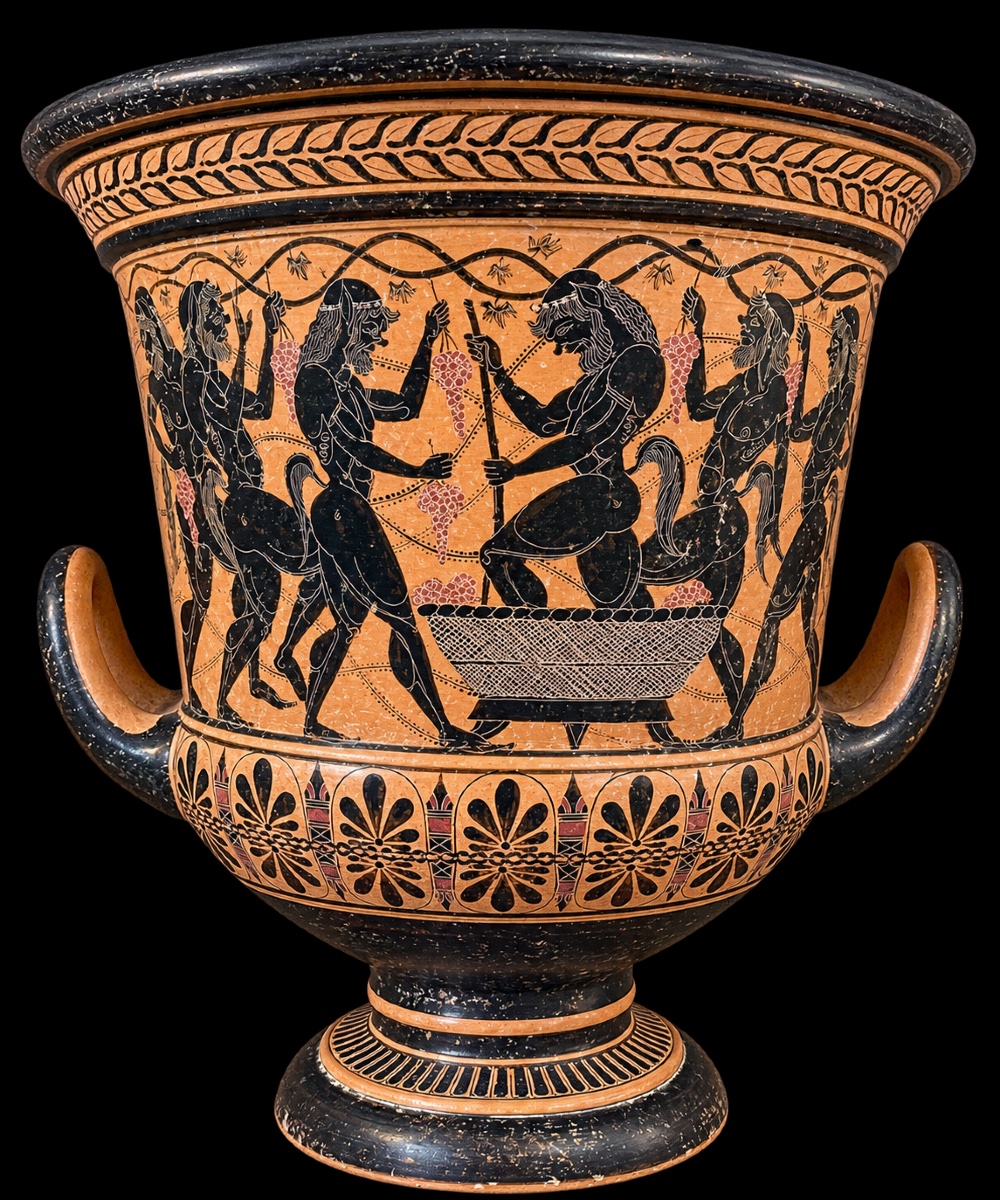 Greek Black-figure Vase On A Red Background Depicting A Grape Harvest Scene, 19th Century-photo-2