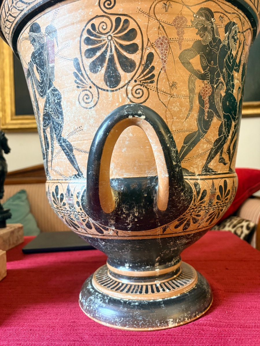 Greek Black-figure Vase On A Red Background Depicting A Grape Harvest Scene, 19th Century-photo-1
