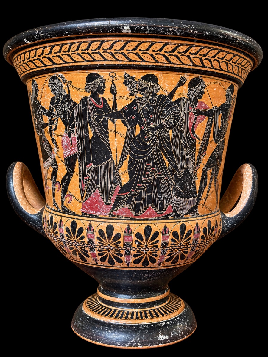 Greek Black-figure Vase On A Red Background Depicting A Grape Harvest Scene, 19th Century