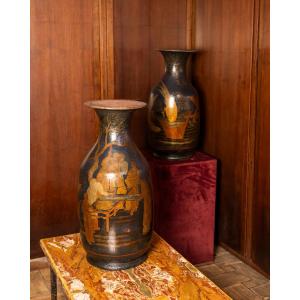 Pair of terracotta vases lacquered in chino isterie