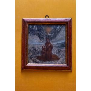 Peinture sur pierre représentant saint François de Paule 
