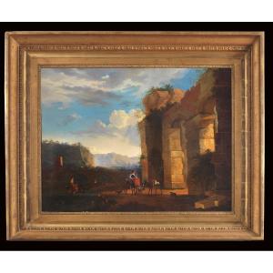 Paysage à l'italienne avec ruines classiques et voyageurs, école flamande, XVIIIe siècle