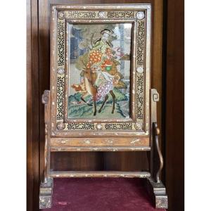 Miroir peint représentant un personnage oriental chevauchant un cerf, Chine, XIXe siècle