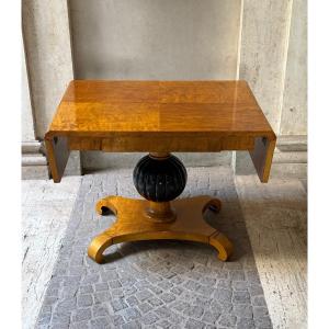 Biedermeier Table With Side Panels, Made Of Maple And Ebony, 19th Century.