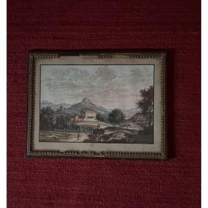 Small Gouache On Paper Depicting A Rural Landscape From The Early 19th Century