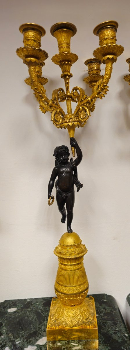 Paire de candélabres Charles X en bronze doré avec figures de putti, France-photo-2