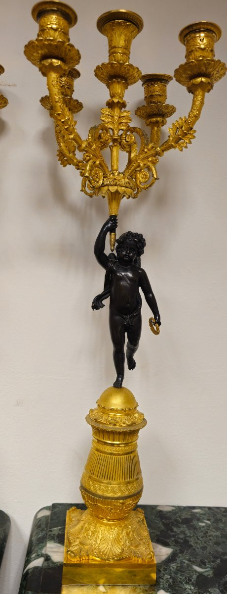 Paire de candélabres Charles X en bronze doré avec figures de putti, France-photo-3