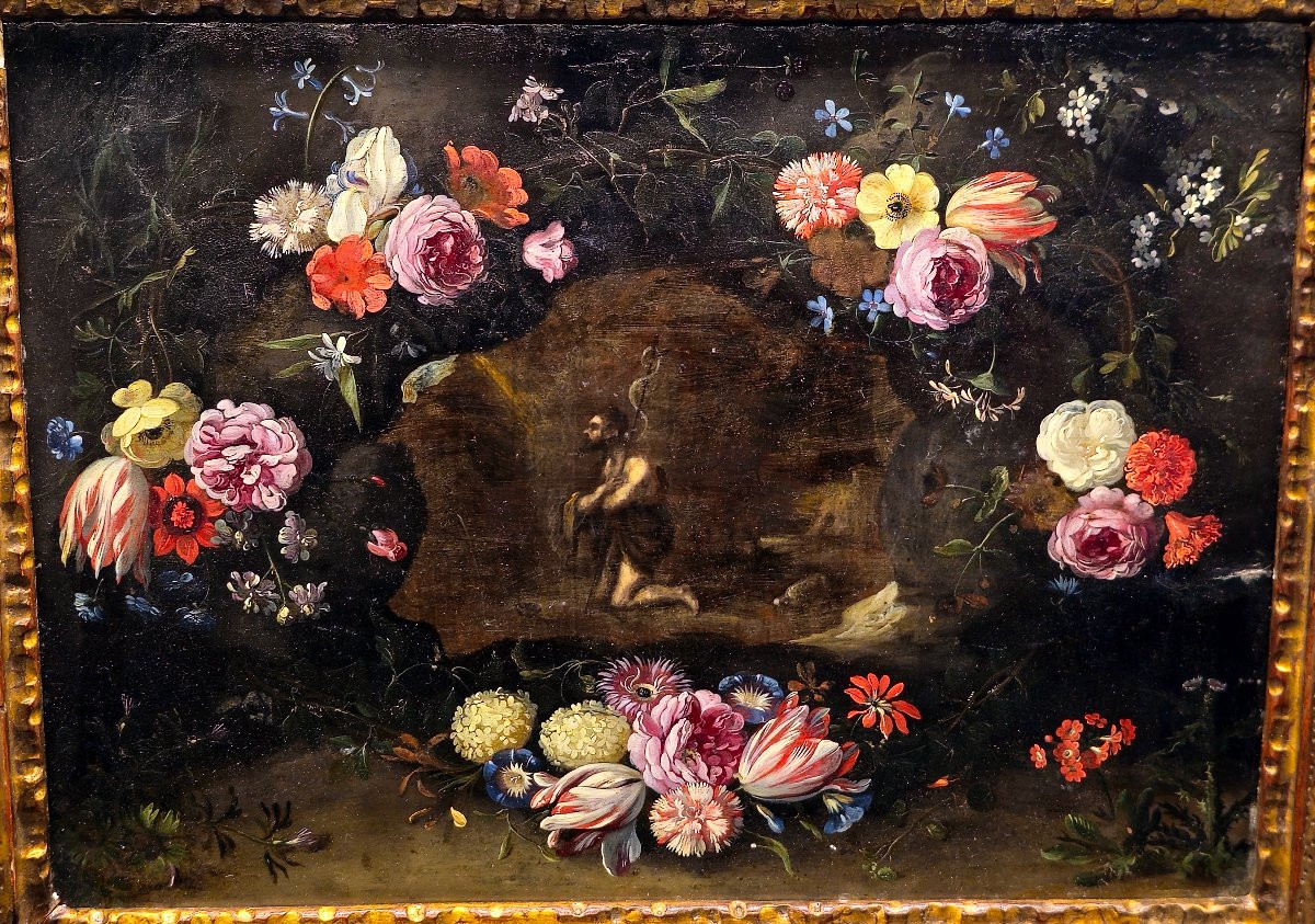 Daniel Seghers Saint Jean-Baptiste au sein d’une guirlande florale, huile sur cuivre-photo-3