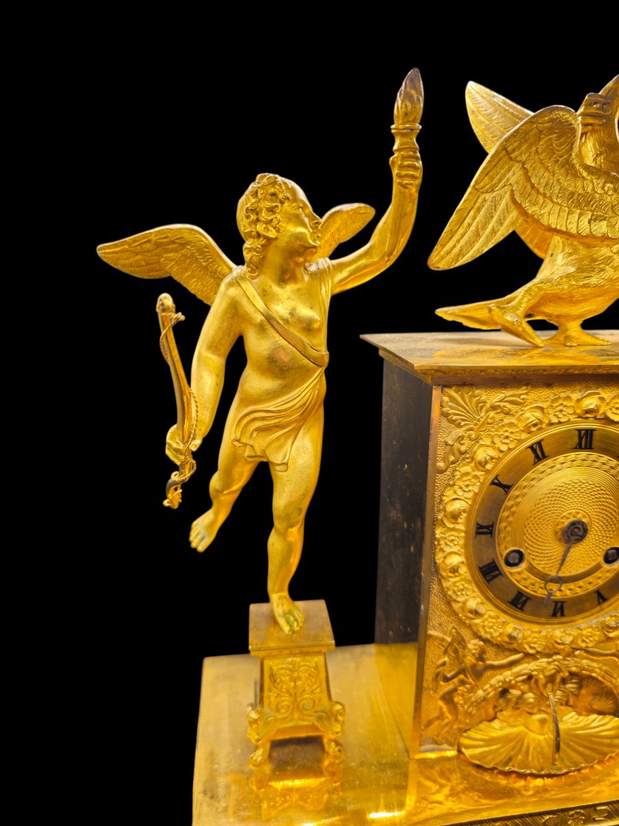 Pendule Léda et le Cygne Empire en Bronze Doré au Mercure, France Début XIXe Siècle-photo-3