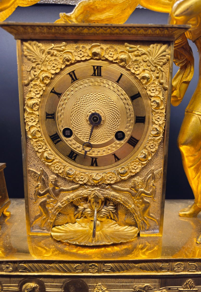 Pendule Léda et le Cygne Empire en Bronze Doré au Mercure, France Début XIXe Siècle-photo-3