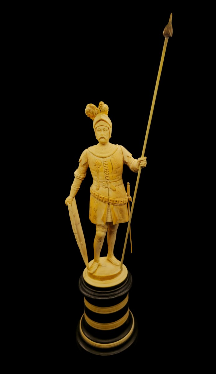 Armored Nobleman, German Ivory Carving With Ebony And Ivory Base, 19th Century