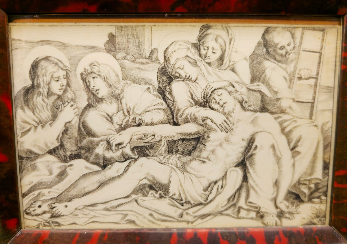 Pietà Attributed To Annibale Carracci, Ivory Engraving, Tortoiseshell And Silver Frame-photo-3