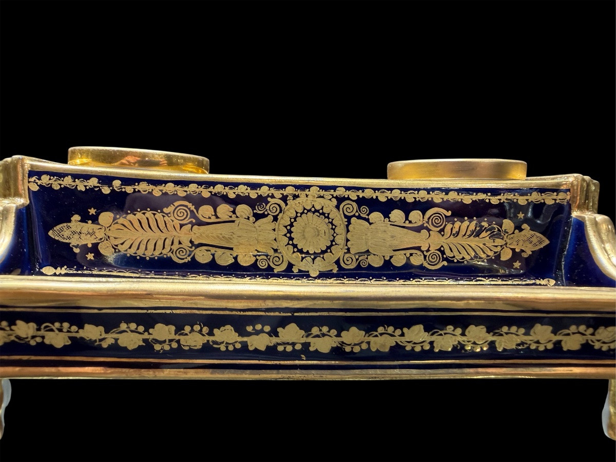 Encrier Époque Empire en Porcelaine de Paris, Fond Bleu de Roi et Or (1810-1820)-photo-2
