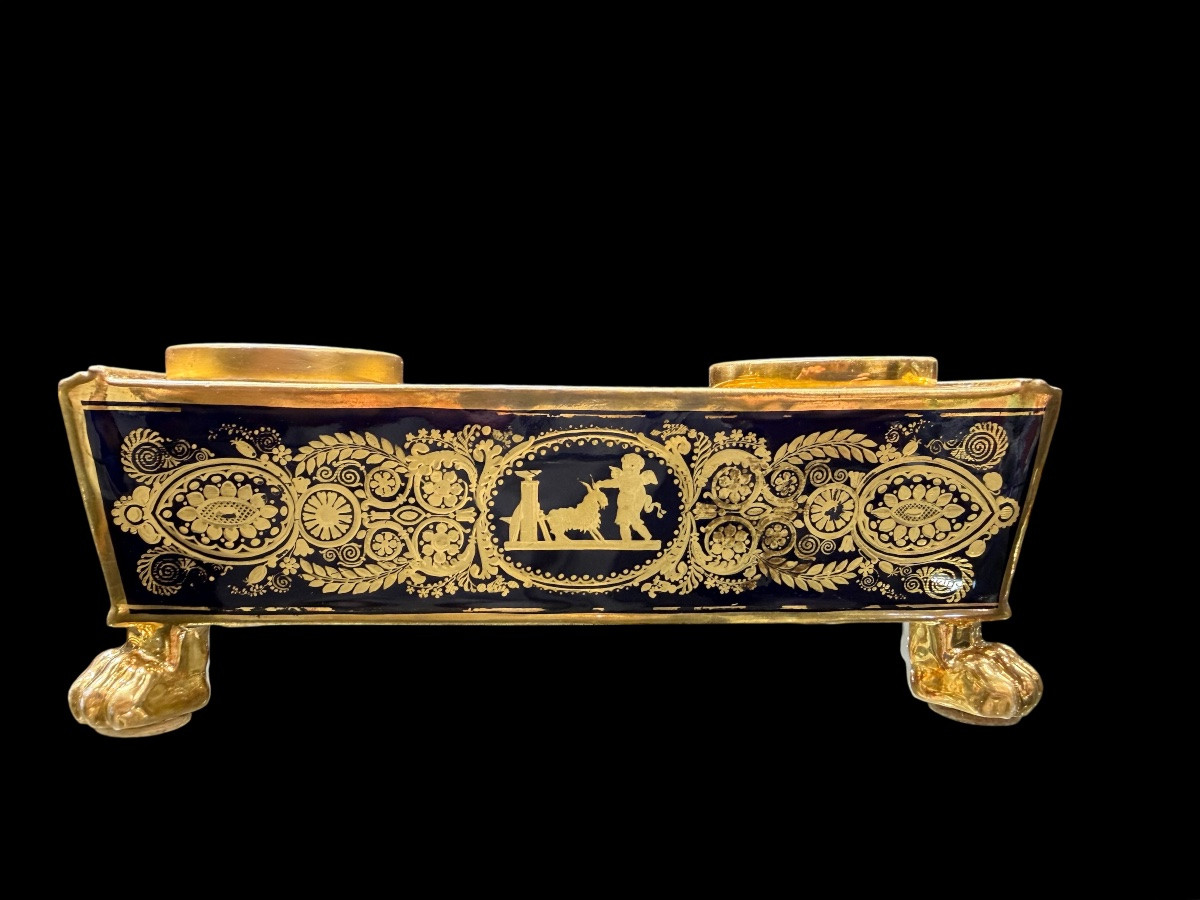 Encrier Époque Empire en Porcelaine de Paris, Fond Bleu de Roi et Or (1810-1820)-photo-4