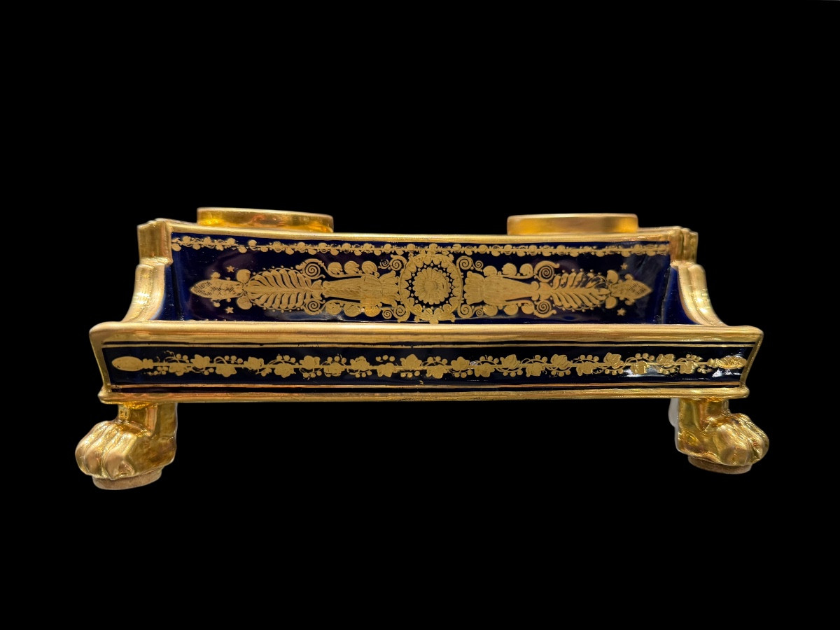 Encrier Époque Empire en Porcelaine de Paris, Fond Bleu de Roi et Or (1810-1820)