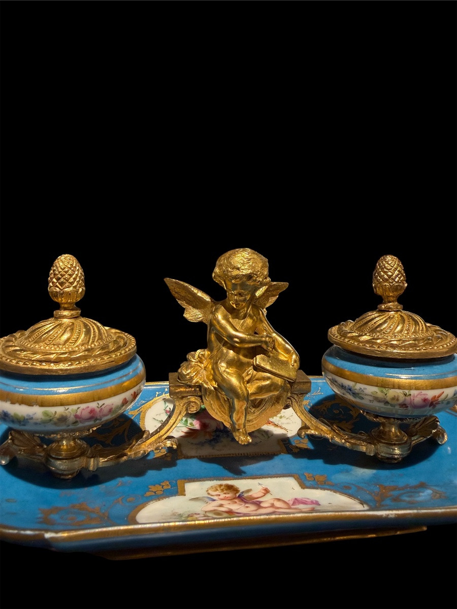 Encrier en porcelaine de Sèvres et bronzes dorés - Époque Napoléon III-photo-2