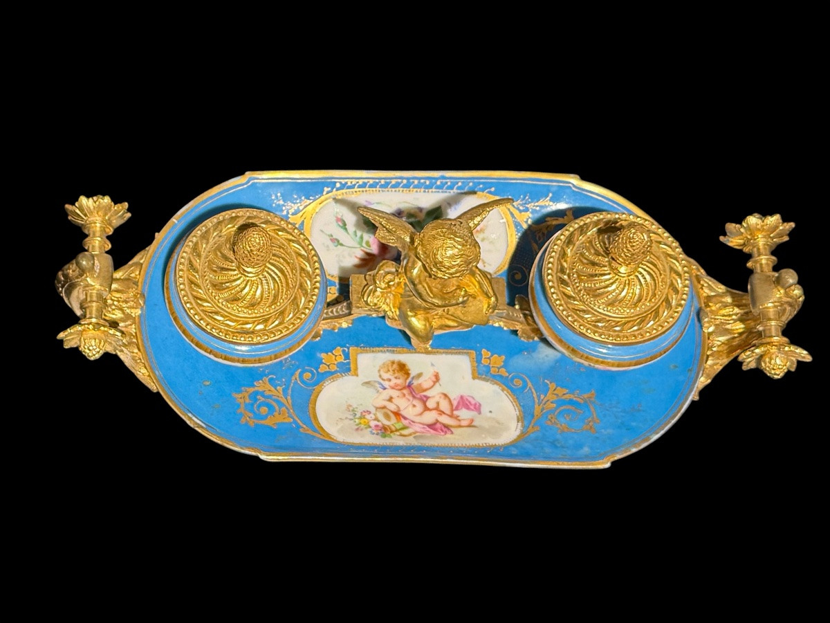 Encrier en porcelaine de Sèvres et bronzes dorés - Époque Napoléon III-photo-3