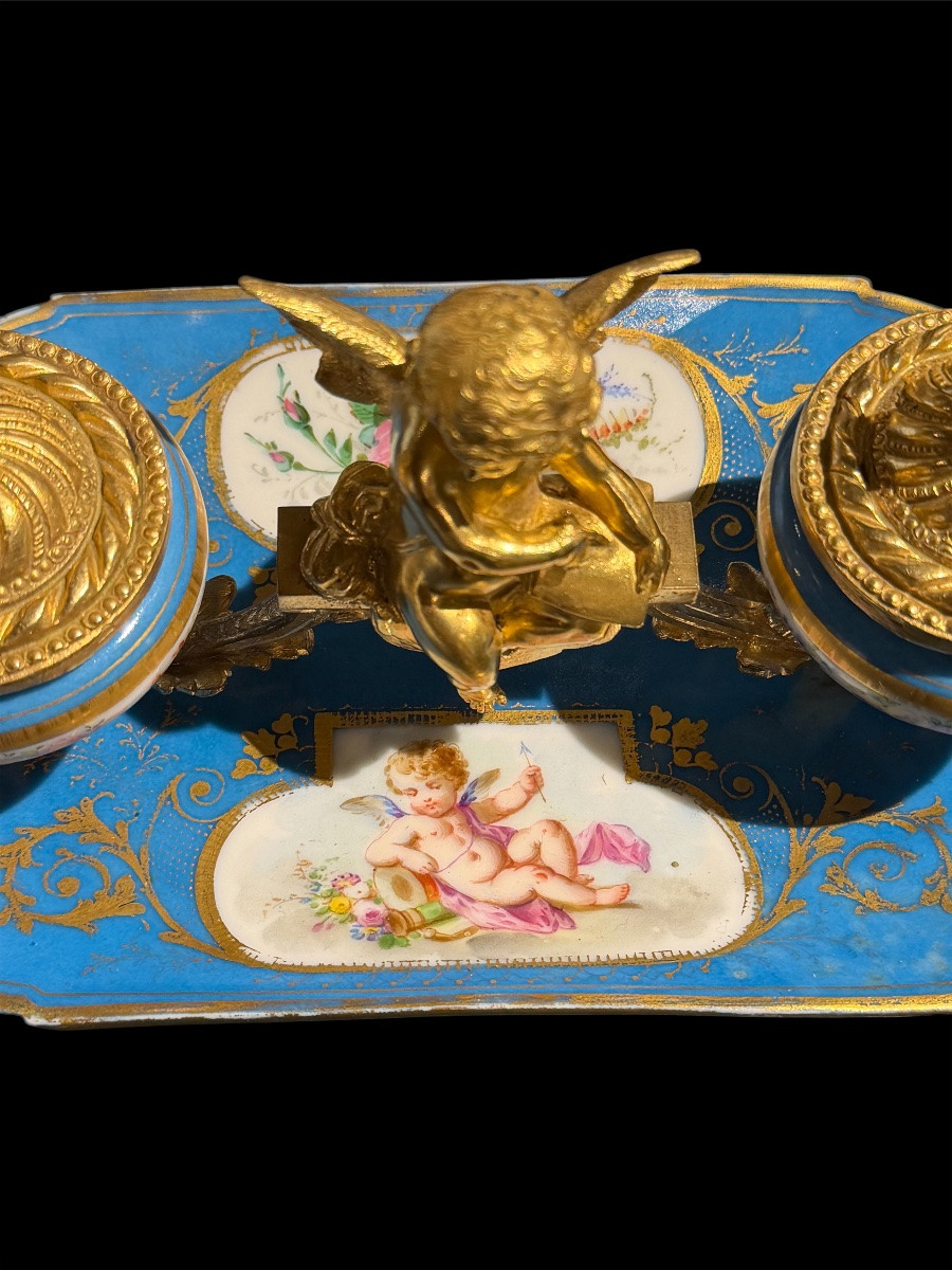 Encrier en porcelaine de Sèvres et bronzes dorés - Époque Napoléon III-photo-4