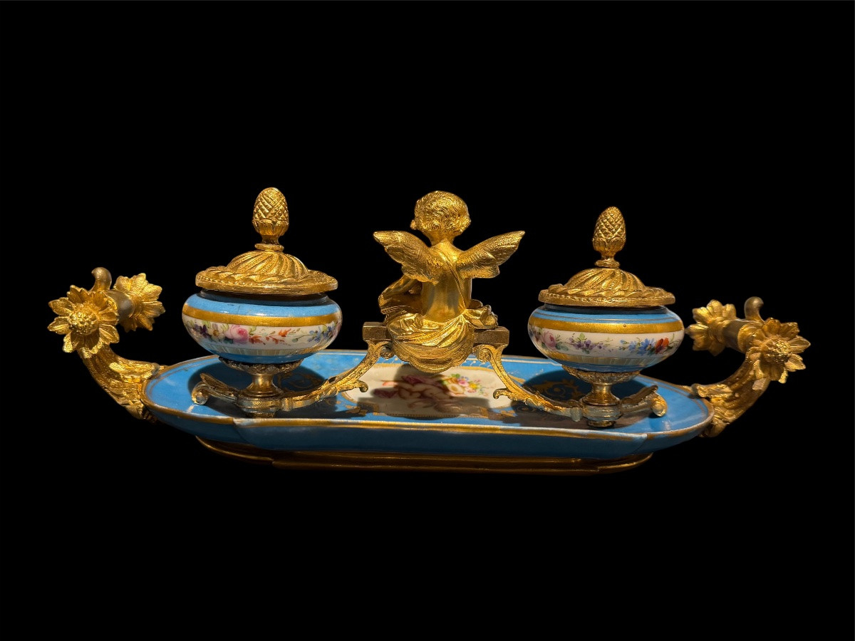 Encrier en porcelaine de Sèvres et bronzes dorés - Époque Napoléon III-photo-2