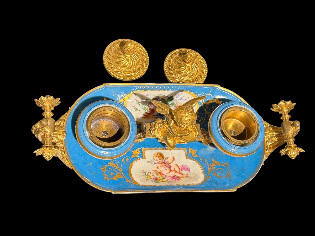 Encrier en porcelaine de Sèvres et bronzes dorés - Époque Napoléon III-photo-8