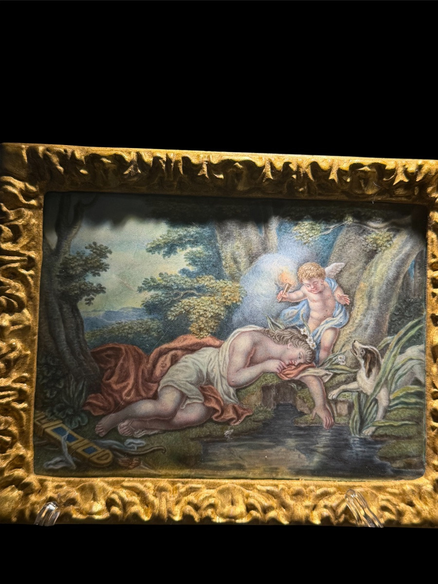 Peinture sur émail représentant Vénus et l'Amour à la source - Époque XVIIIe siècle-photo-2