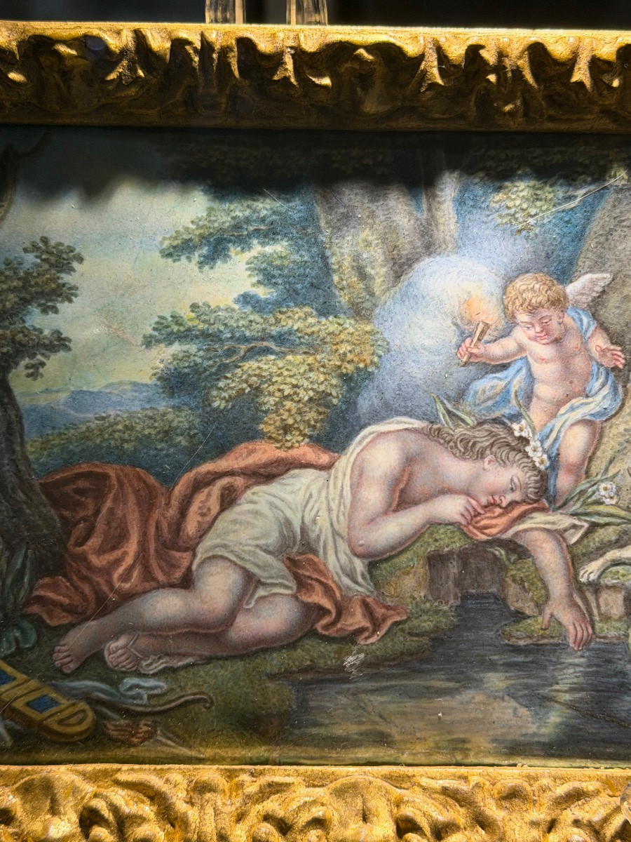 Peinture sur émail représentant Vénus et l'Amour à la source - Époque XVIIIe siècle-photo-1