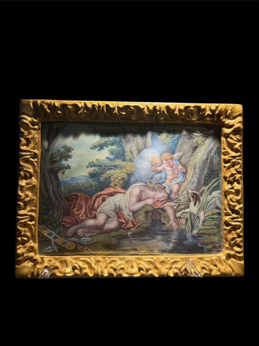 Peinture sur émail représentant Vénus et l'Amour à la source - Époque XVIIIe siècle