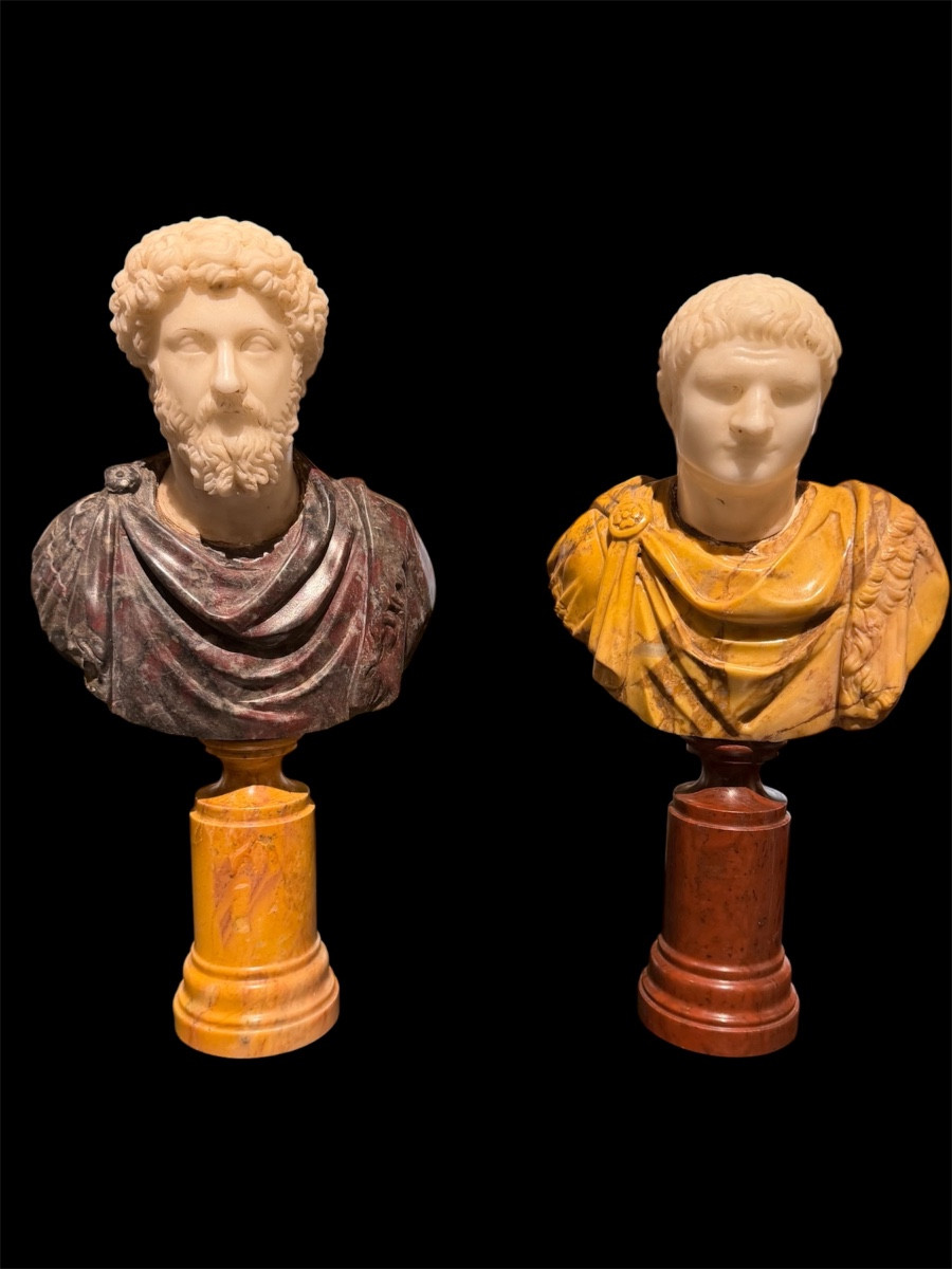 Paire de Bustes en Marbre Statuaire - Marc Aurèle et Titus - Époque du Grand Tour,Fin XVII S.