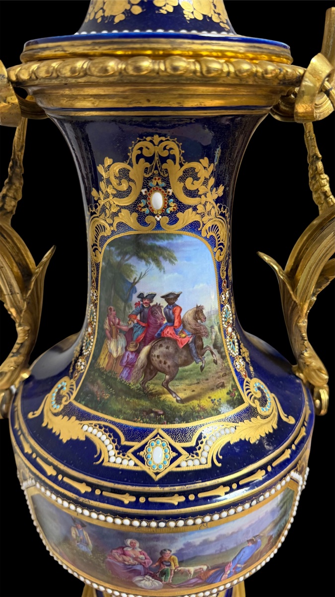 Pair Of Sèvres Porcelain And Gilded Bronze Vases, Jewel-decorated, 1840–1850-photo-8