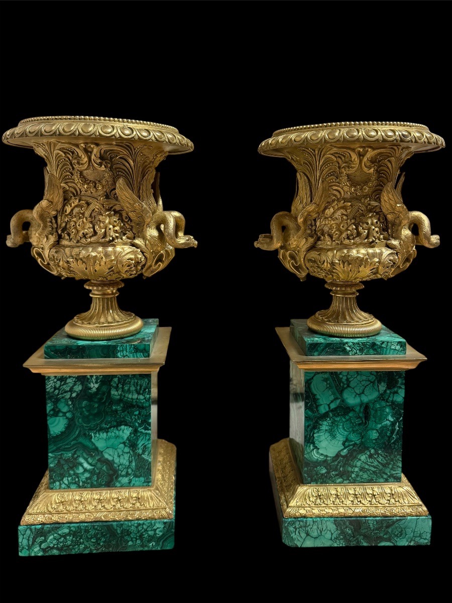 Paire de vases en bronze doré sur piédestaux en malachite, manufacture russe impériale, XIXe s.-photo-2