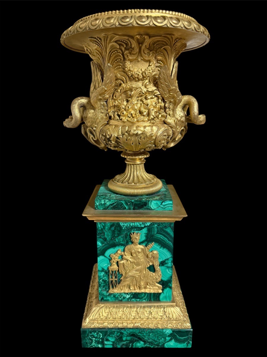 Paire de vases en bronze doré sur piédestaux en malachite, manufacture russe impériale, XIXe s.-photo-4