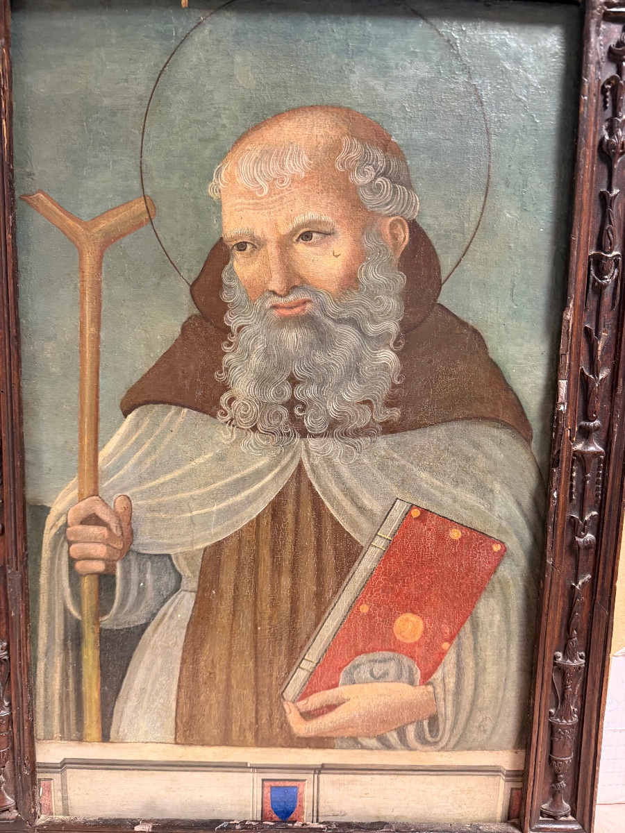 Panneau ombrien XVe s. – Saint Antoine Abbé au Tau, cadre d'époque sculpté en bois-photo-2