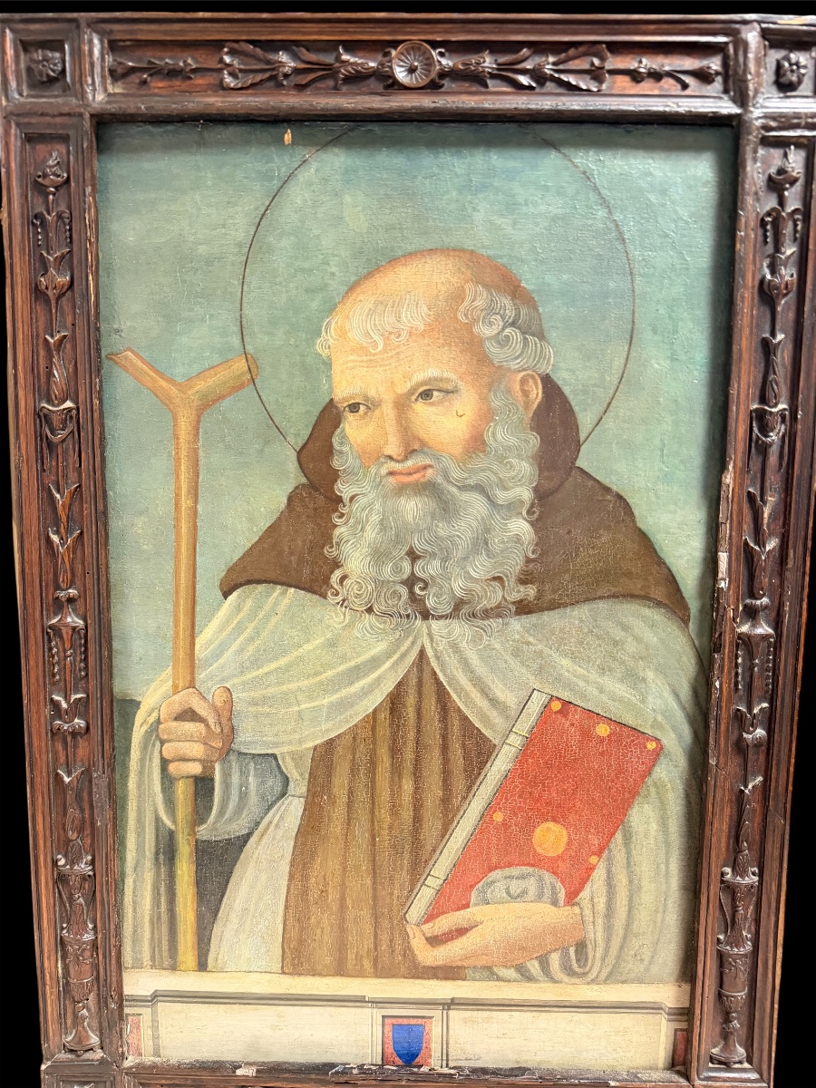 Panneau ombrien XVe s. – Saint Antoine Abbé au Tau, cadre d'époque sculpté en bois-photo-3