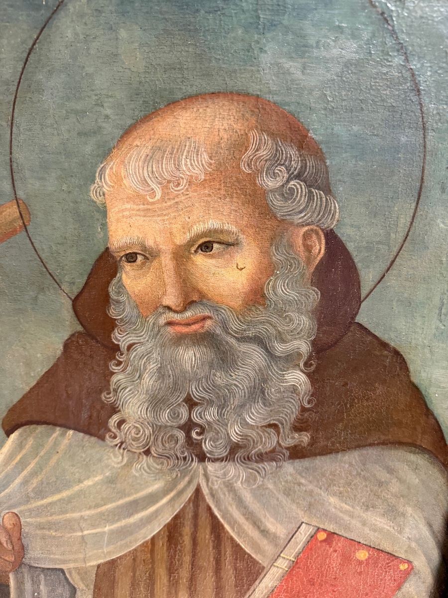 Panneau ombrien XVe s. – Saint Antoine Abbé au Tau, cadre d'époque sculpté en bois-photo-4