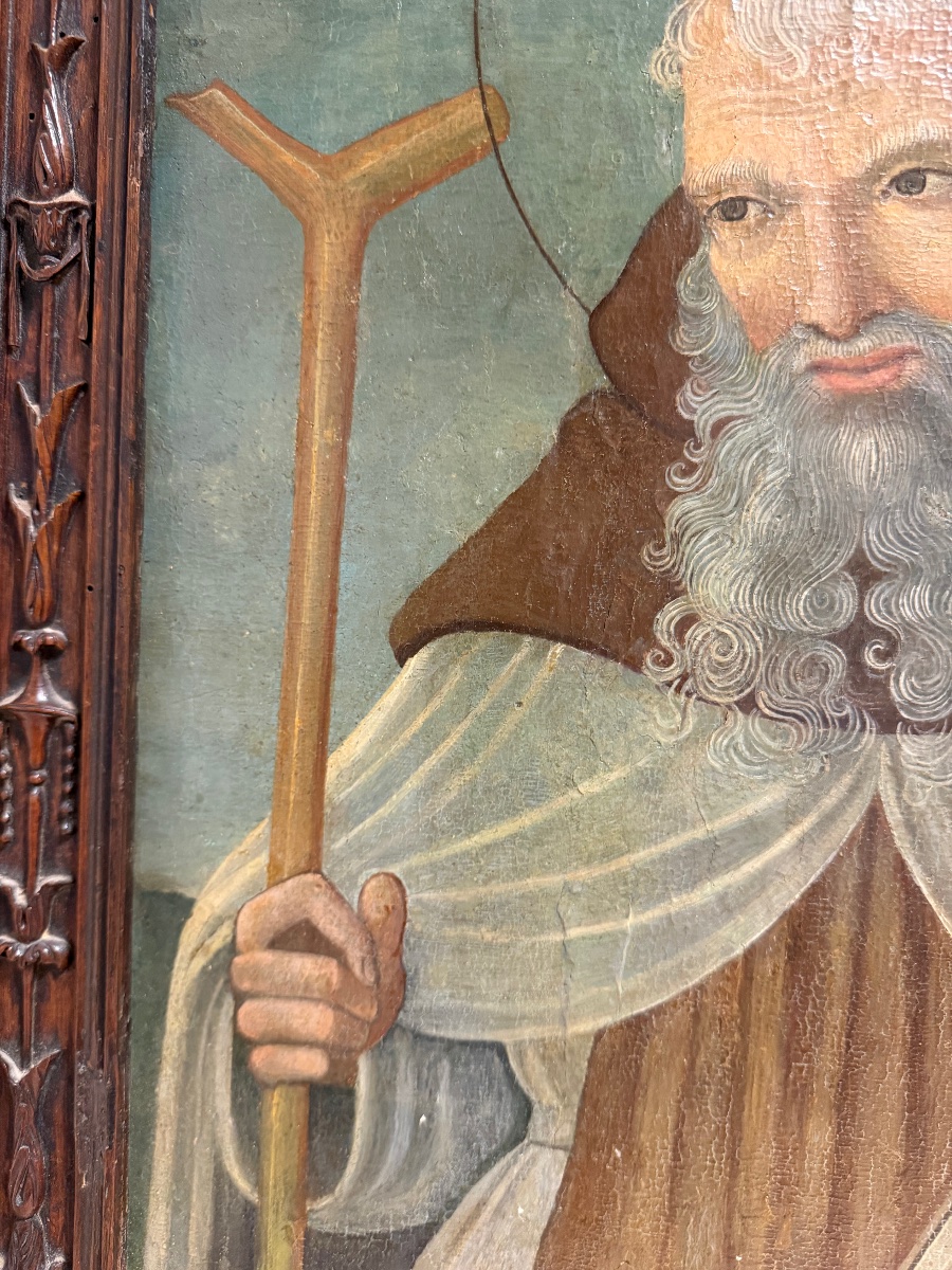Panneau ombrien XVe s. – Saint Antoine Abbé au Tau, cadre d'époque sculpté en bois-photo-1