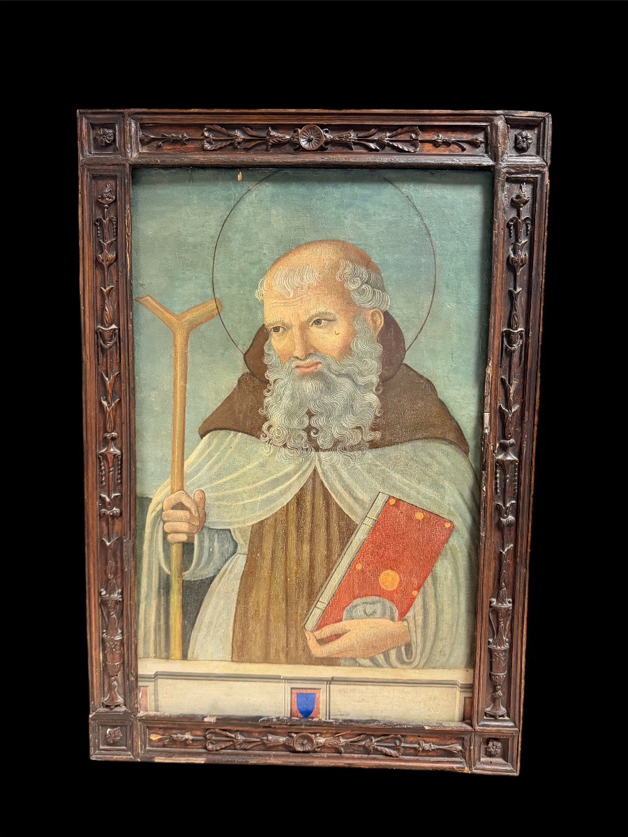 Panneau ombrien XVe s. – Saint Antoine Abbé au Tau, cadre d'époque sculpté en bois