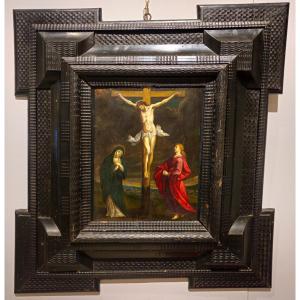 Oil Painting On Copper Depicting "crucifixion" From The Late 17th Century