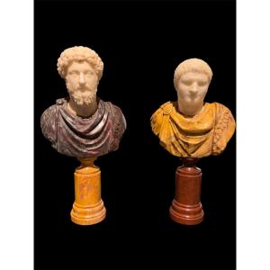 Paire de Bustes en Marbre Statuaire - Marc Aurèle et Titus - Époque du Grand Tour,Fin XVII S.