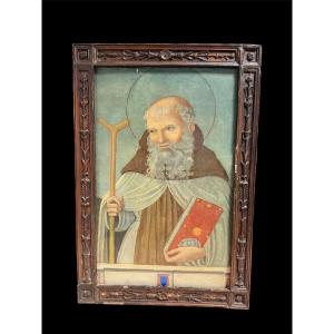 15th-century Umbrian Panel Painting – Saint Anthony The Abbot With The Tau And A Book, In A Contemporary Carved Frame
