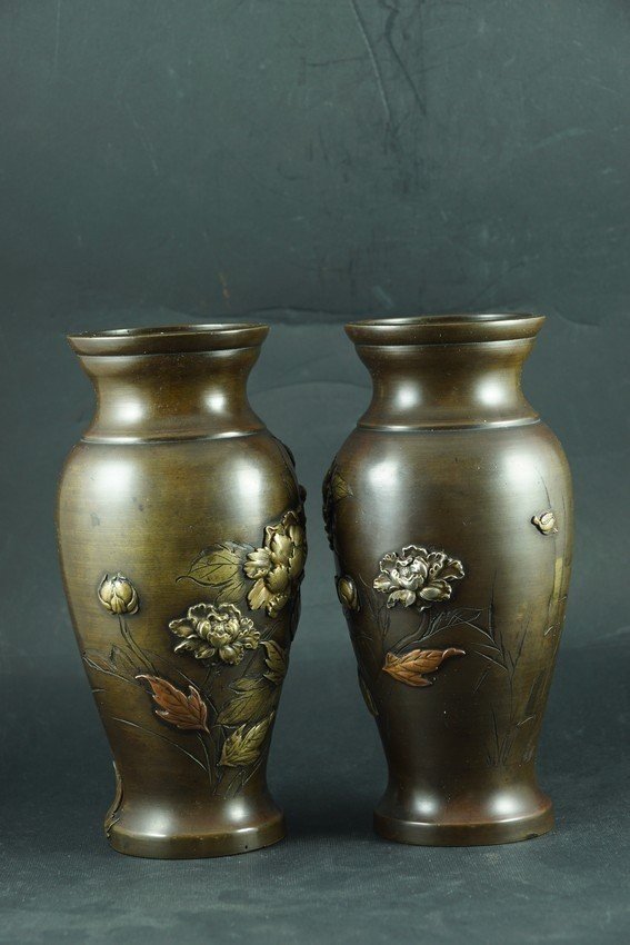 Paire de vases à fleurs, bronze, Japon 19e/20e siècle-photo-4