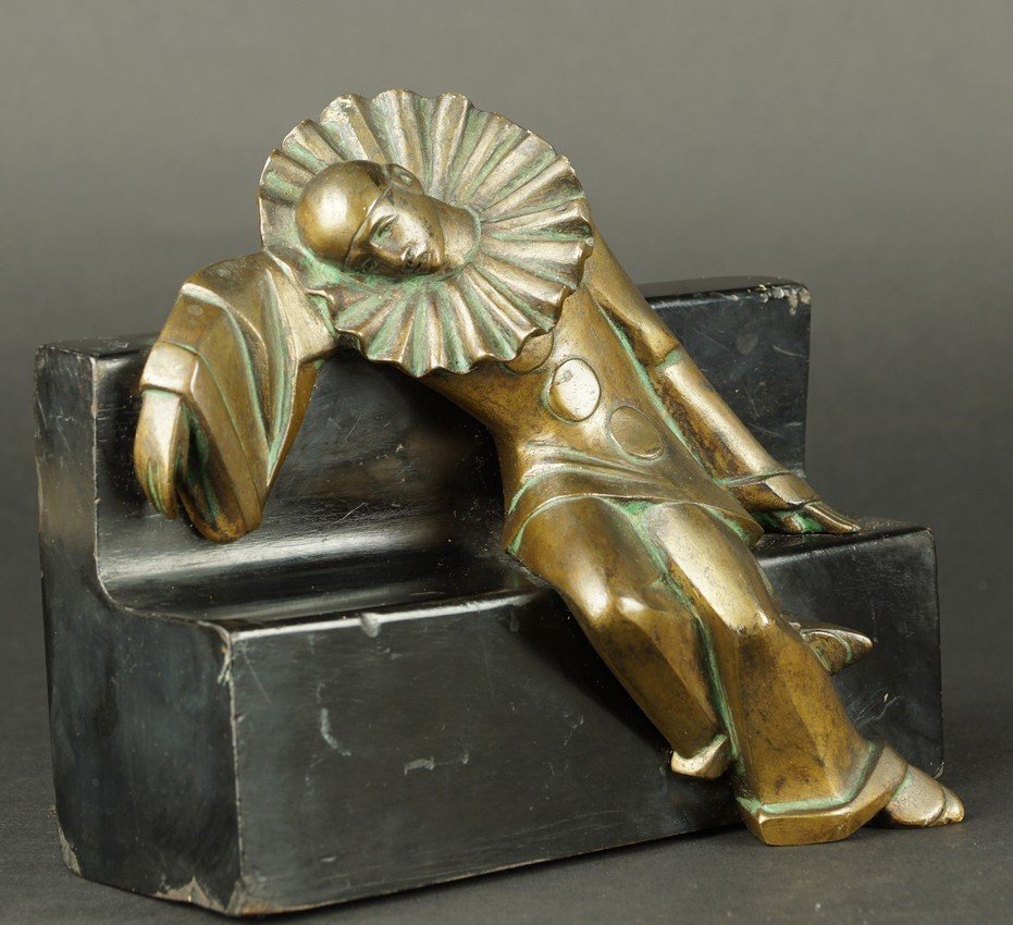Pierrot Unplugged, Bronze, Wood, Art Deco, 1920s-30s.-photo-2