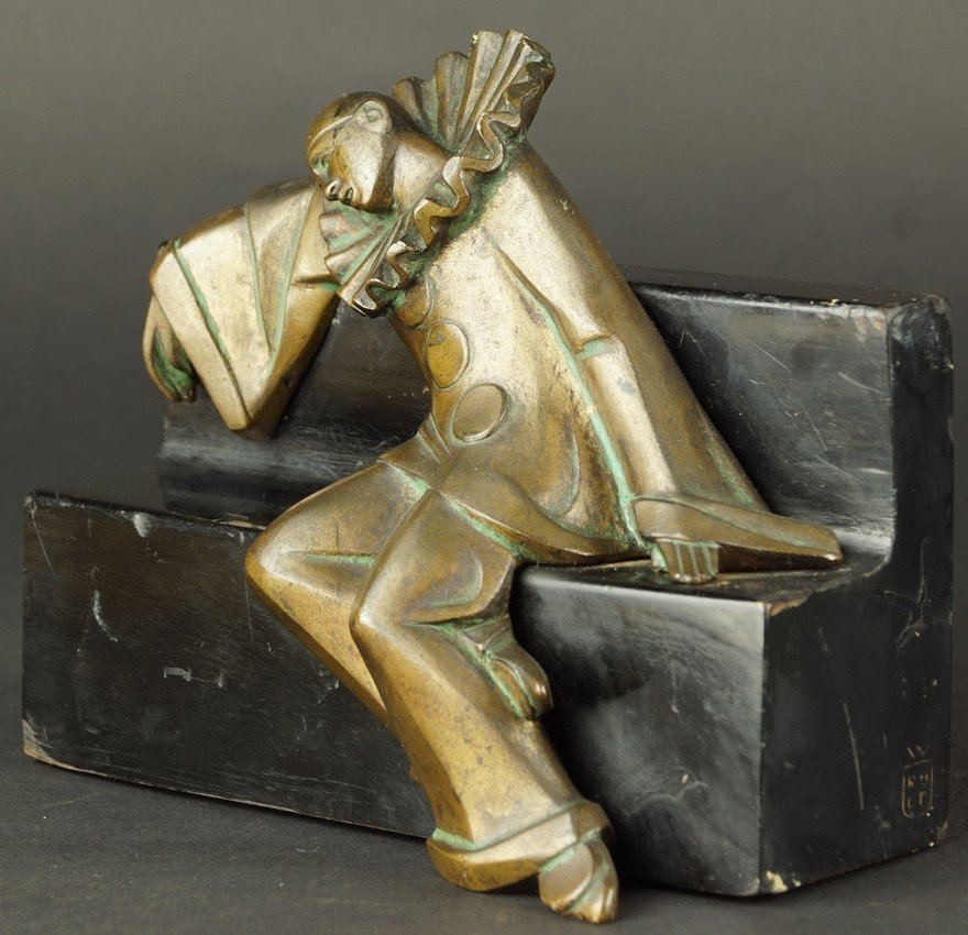 Pierrot Unplugged, Bronze, Wood, Art Deco, 1920s-30s.-photo-2