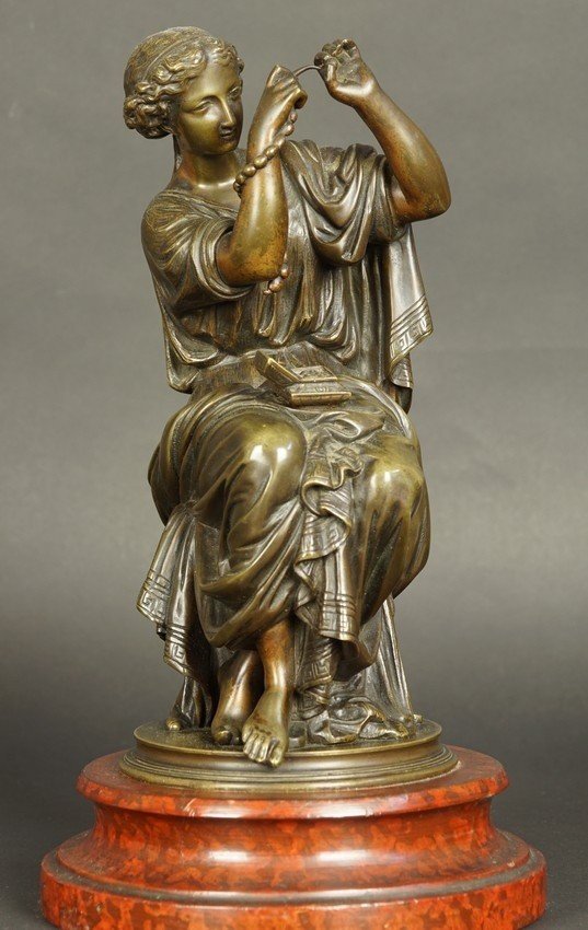 Woman Threading Pearls, Bronze, France, Second Half Of The 19th Century.-photo-2
