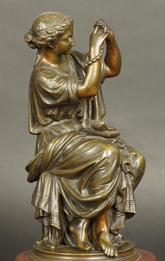Woman Threading Pearls, Bronze, France, Second Half Of The 19th Century.-photo-3