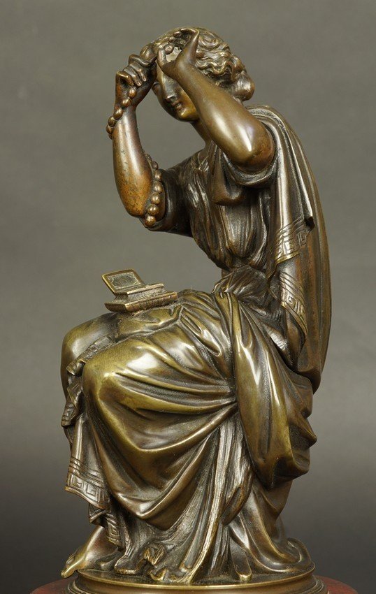 Woman Threading Pearls, Bronze, France, Second Half Of The 19th Century.-photo-3