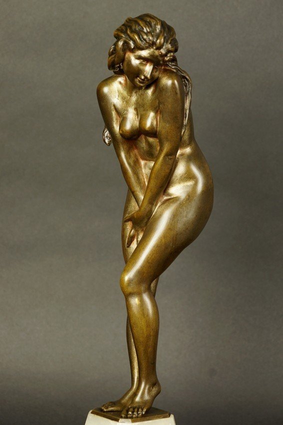 Femme Embarrassée, bronze, art déco, années 1920-1930. XXe siècle-photo-4