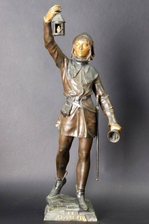 Le Couvre Feu, bronze,  Eugène Marioton (1857- 1933), France, XIXe/XXe siècle-photo-3