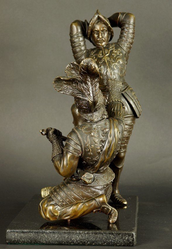 Chevaliers combattants, bronze, XIXe siècle.-photo-2